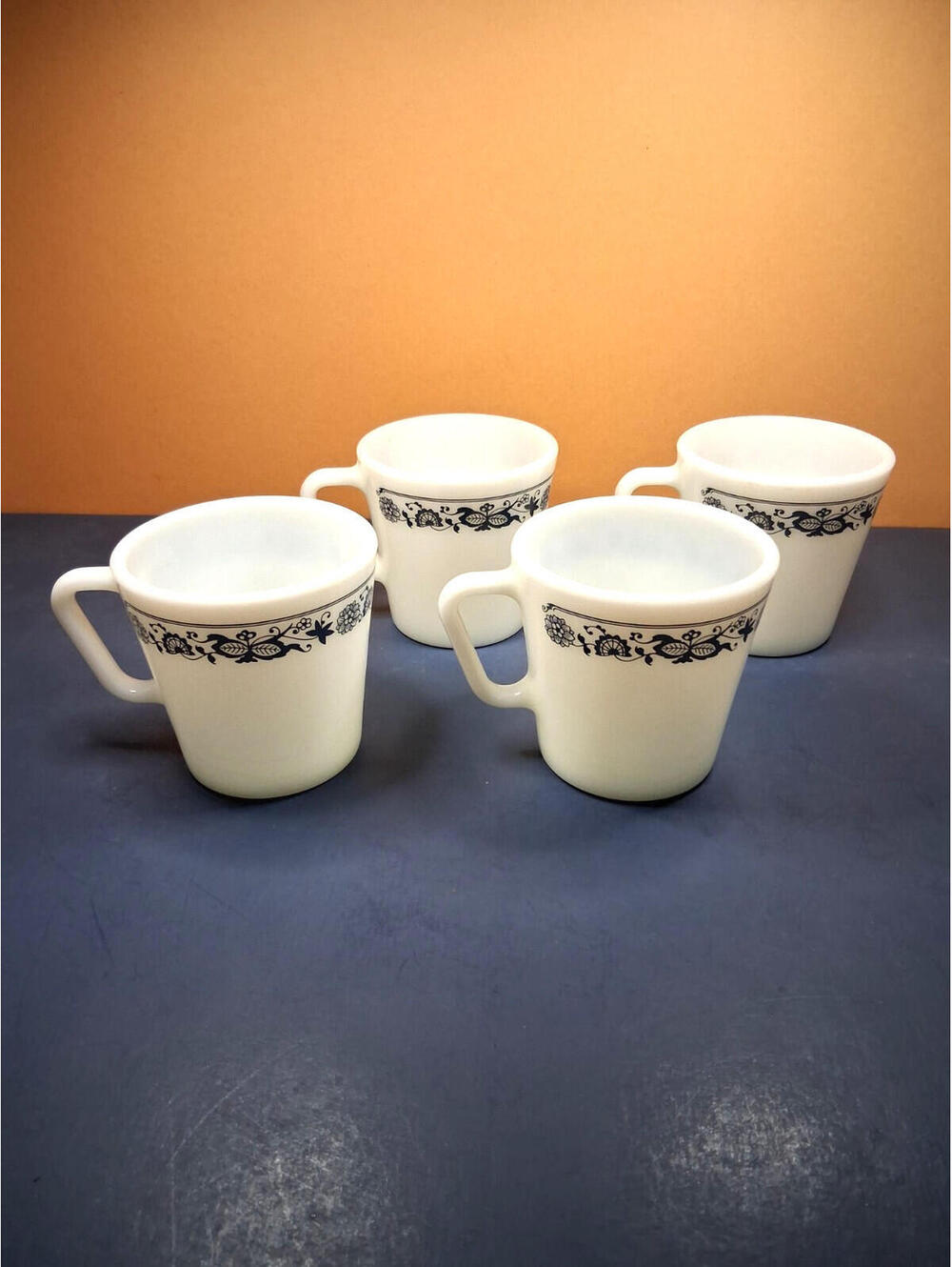 Vintage Pyrex 1410, 1970's Coffee Mugs Old Town Blue Milk Glass Cups - Set of 4